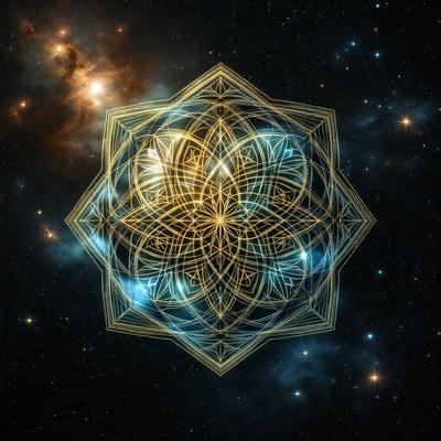 The primary subject of the image is a geometric pattern, which appears to be a star or a flower-like shape. The setting is a dark, starry sky, which serves as the background for the pattern. The visual style of the image is digital art, as it is a well-crafted and detailed design. The dominant colors in the image are blue and gold, creating a sense of depth and elegance. The overall atmosphere of the image is serene and captivating, with the intricate pattern standing out against the backdrop